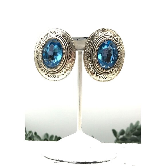 Vintage Blue Crystal Silver-Tone Clip-On Earrings - Picture 7 of 7